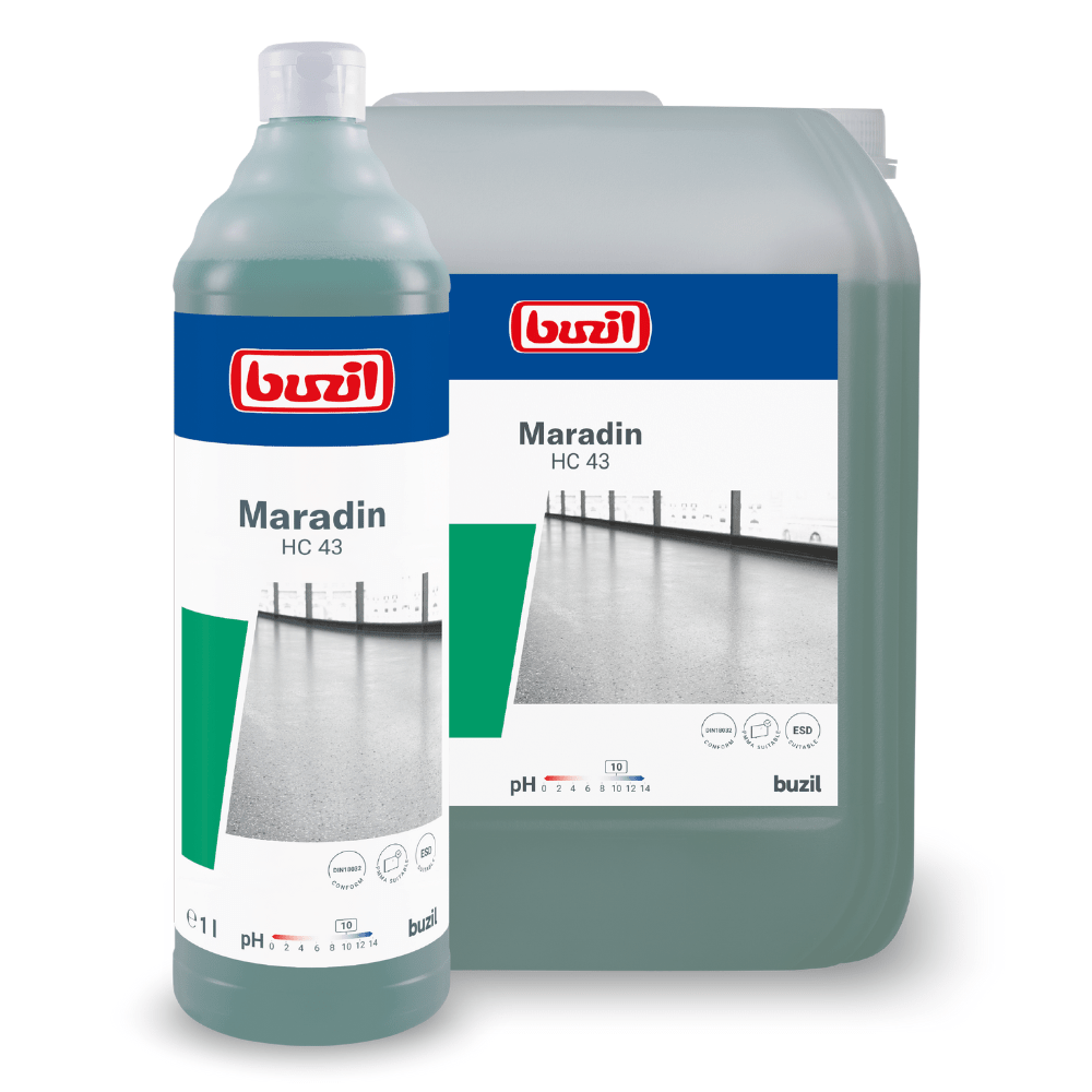 Bild av två behållare Buzil Maradin HC 43 Högkoncentrerad Allround-Intensivrengöring från BUZIL-WERK Wagner GmbH & Co. KG. På framsidan visas en 1-liters flaska, på baksidan en större dunk. Idealisk för att ta bort olja och fettavlagringar på vattenbeständiga ytor. Båda artiklarna är försedda med en golvbild, produktinformation, Buzil-logotypen och pH-värdet.
