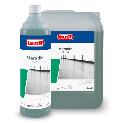 Bild av två behållare Buzil Maradin HC 43 Högkoncentrerad Allround-Intensivrengöring från BUZIL-WERK Wagner GmbH & Co. KG. På framsidan visas en 1-liters flaska, på baksidan en större dunk. Idealisk för att ta bort olja och fettavlagringar på vattenbeständiga ytor. Båda artiklarna är försedda med en golvbild, produktinformation, Buzil-logotypen och pH-värdet.