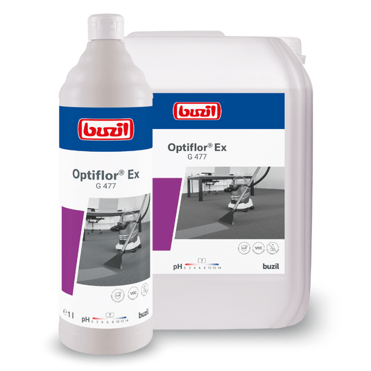 Bilden visar två förpackningar med Buzil Optiflor® Ex G 477, ett grundrengöringsmedel för mattor avsett för spray-extraktionsrengöring: en vit flaska och en stor dunk, båda med BUZIL-WERK Wagner GmbH & Co. KG:s varumärke.