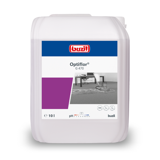 Ein 10-Liter-Kanister Buzil Optiflor® G 470 Teppichshampoo, ideal für die pH-neutrale Reinigung. Auf dem Etikett sind das rot-blaue Logo der BUZIL-WERK Wagner GmbH & Co. KG, die Abbildung einer Bodenreinigungsmaschine sowie Angaben zum pH-Wert und VOC-Gehalt zu sehen.