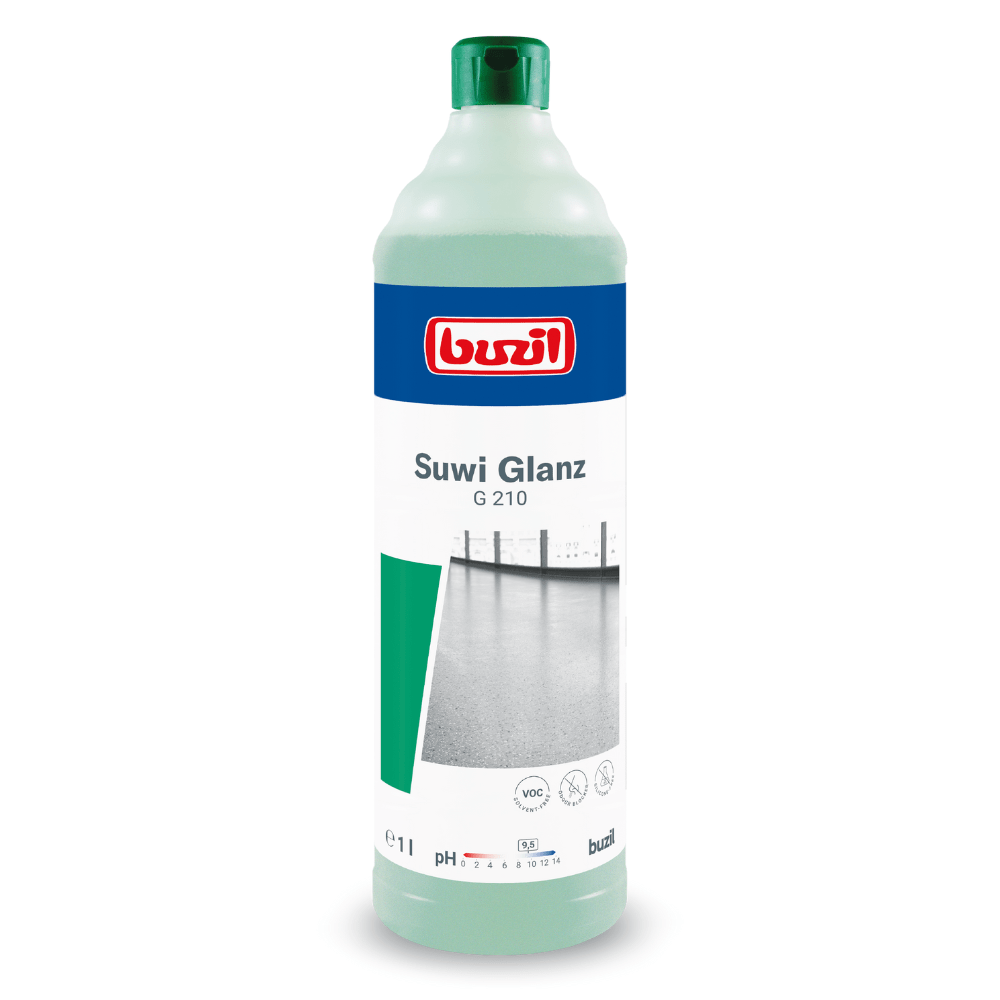 Vi presenterar golvrengöraren Buzil Suwi Glanz G 210 Wischpflege från BUZIL-WERK Wagner GmbH & Co. KG, tillgänglig i en 1-litersflaska. Denna golvrengörare är speciellt utformad för våttorkning och har en förpackning med en pH-indikator och en VOC-symbol samt rengöringsbilder. Den ljusgröna flaskan med mörkgrön kork är speciellt utformad för exceptionell vård av ytor av icke-vattenlösliga polymerer och vaxer.
