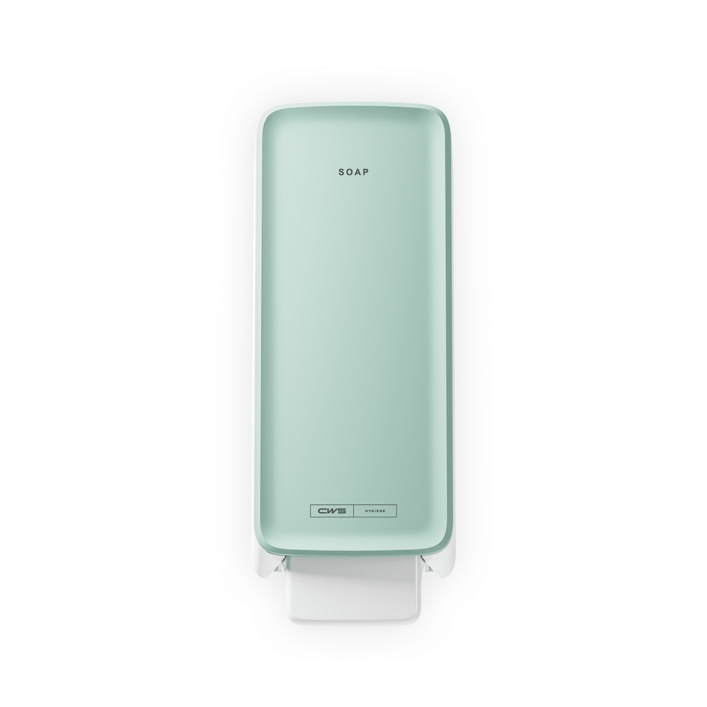 En mintgrön CWS PureLine Cream tvåldispenser från CWS med texten "SOAP" upptill och en vit tryckspak, sedd uppifrån på vit bakgrund - idealisk för varje tvättrum.