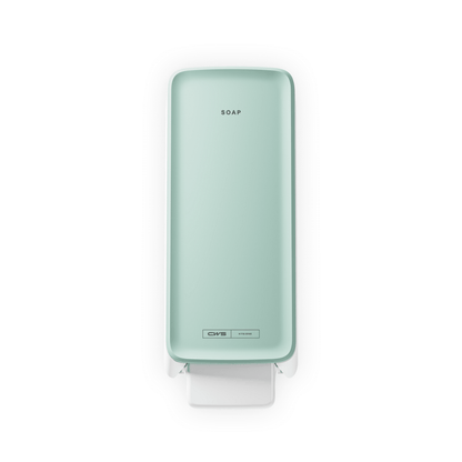 En mintgrön CWS PureLine Cream tvåldispenser från CWS med texten "SOAP" upptill och en vit tryckspak, sedd uppifrån på vit bakgrund - idealisk för varje tvättrum.