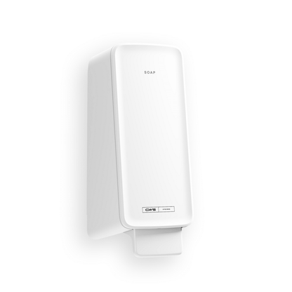 CWS PureLine Cream tvåldispenser från CWS är en vit, rektangulär väggtvåldispenser med texten "SOAP" upptill och en tryckspak nedtill, idealisk för varje tvättrum och framför en enkel vit bakgrund.
