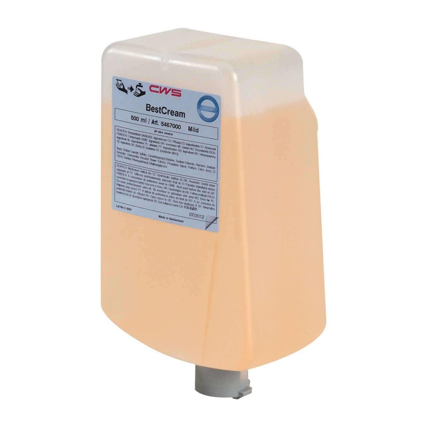 CWS tvålkräm BestCream Mild levereras i en 500 ml påfyllningsförpackning för enkel påfyllning, med praktisk doseringspip på undersidan och en tydlig etikett för instruktioner och produktdetaljer.