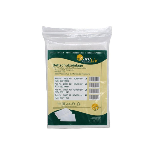 En förseglad CareLiv-sängskyddsunderlägg, 90 x 100 cm, plastfolie/frotté (vit), från CareLiv Produkte OHG för inkontinens, med produktinformation och artikelnummer på en gul-vit tysk etikett. Förpackningen innehåller 1 styck.