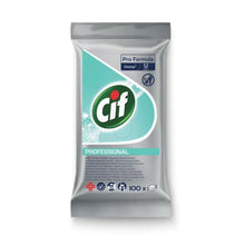 Eine silber- und tealfarbene, wiederverschließbare Packung Cif Professional Allweck-Reinigungstücher (100 feuchte Einmal-Tücher) von Diversey Deutschland GmbH & Co. OHG ist ungeöffnet auf weißem Hintergrund abgebildet und zeigt antibakterielle und professionelle Reinigungssymbole.