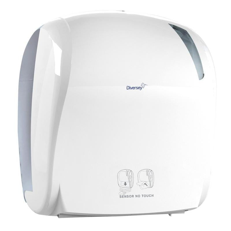 Ein weißer Diversey Deutschland GmbH & Co. OHG Handtuchrollenspender elektrisch - autocut verfügt über eine "Sensor No Touch"-Beschriftung, einfache Piktogramm-Anweisungen, eine glänzende Oberfläche, automatisches Schneiden und ein Fenster zur Anzeige des Handtuchstandes.