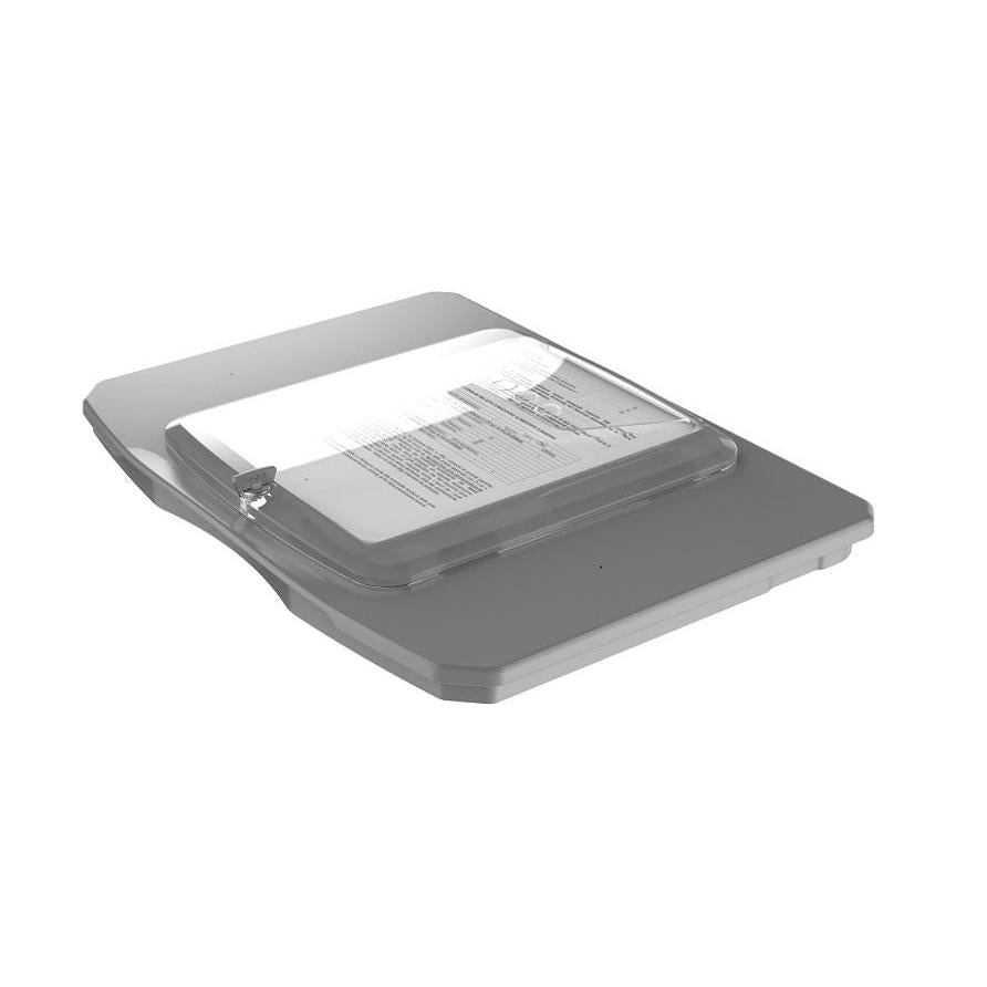 En flatbäddsskanner med lätt öppnat lock och ett original på glasplattan – perfekt för digitaliseringsanvisningar, t.ex. för Di Protect-locket med iPad-hållare (1 st.) från Diversey Deutschland GmbH & Co. OHG.