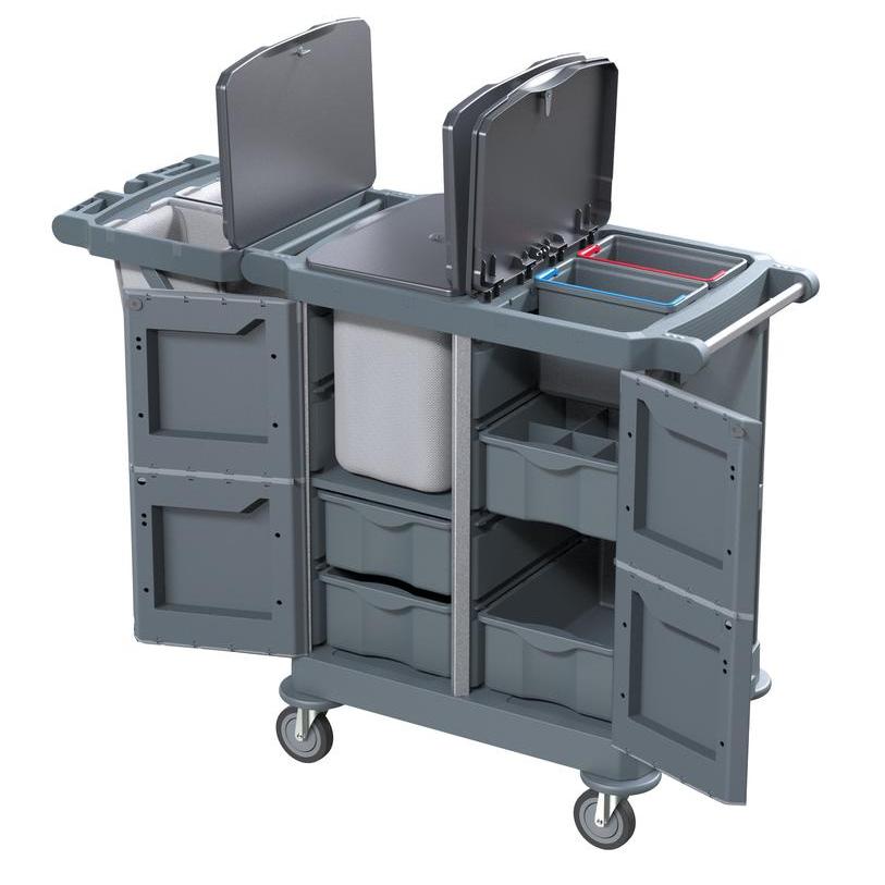 Den DI PROTECT TROLLEY GROSS från Diversey Deutschland GmbH & Co. OHG är en stor, sluten vagn (1 styck) med flera hyllor, två lockbehållare, centralt säckdel och fyra hjul för säker rörlighet vid det dagliga rengöringsarbetet.