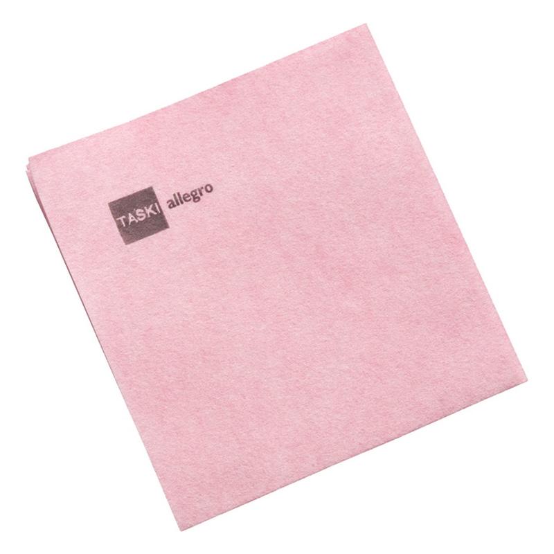 En enskild ljusrosa TASKI Allegro nonwoven-duk från Diversey Deutschland GmbH & Co. OHG, med "TASKI allegro" i grått i det övre vänstra hörnet, på vit bakgrund (50-pack).