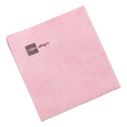 En enskild ljusrosa TASKI Allegro nonwoven-duk från Diversey Deutschland GmbH & Co. OHG, med "TASKI allegro" i grått i det övre vänstra hörnet, på vit bakgrund (50-pack).