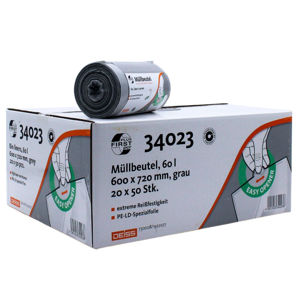 DEISS First Plus Pcr-soppåsar 60 liter (34042) från EMIL DEISS KG (GmbH + Co.) är grå LDPE-rullar med en kapacitet på 60 liter och måtten 600 x 720 mm. Varje kartong innehåller 20 paket med 50 påsar vardera. Den klimatneutrala förpackningen har en "Easy Opener"-design och kännetecknas av extrem rivstyrka.