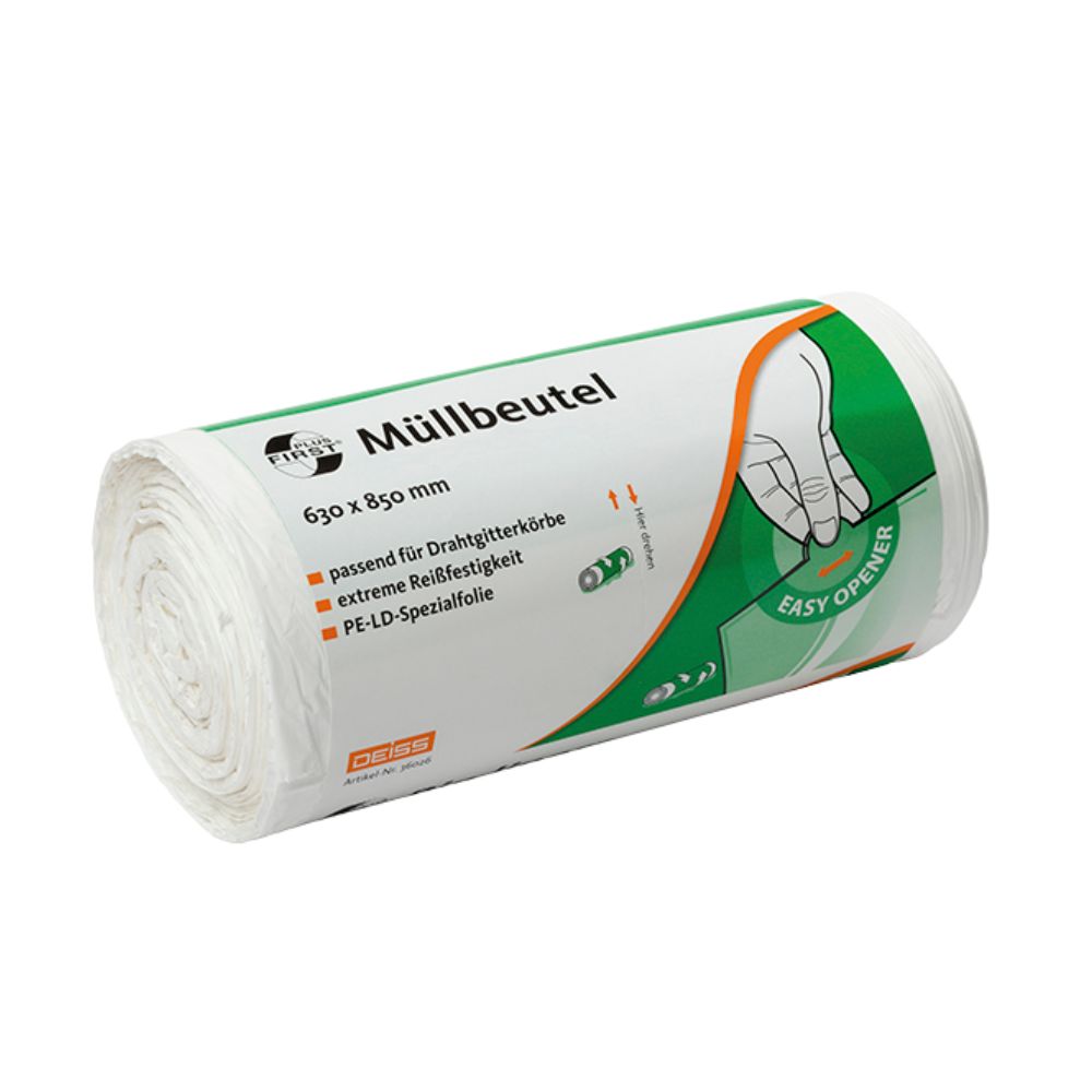 En rulle 80-liters DEISS First Plus® soppåsar, tillverkade av EMIL DEISS KG (GmbH + Co.), med grön-orange etikettering. Premium-LDPE-förpackningen har måtten 630 x 850 mm och framhäver egenskaper som "extrem rivstyrka" och "lätt öppning".