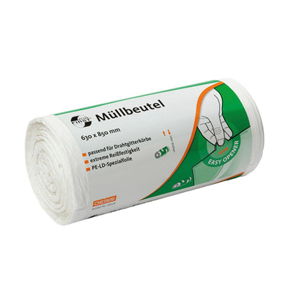 En rulle 80-liters DEISS First Plus® soppåsar, tillverkade av EMIL DEISS KG (GmbH + Co.), med grön-orange etikettering. Premium-LDPE-förpackningen har måtten 630 x 850 mm och framhäver egenskaper som "extrem rivstyrka" och "lätt öppning".