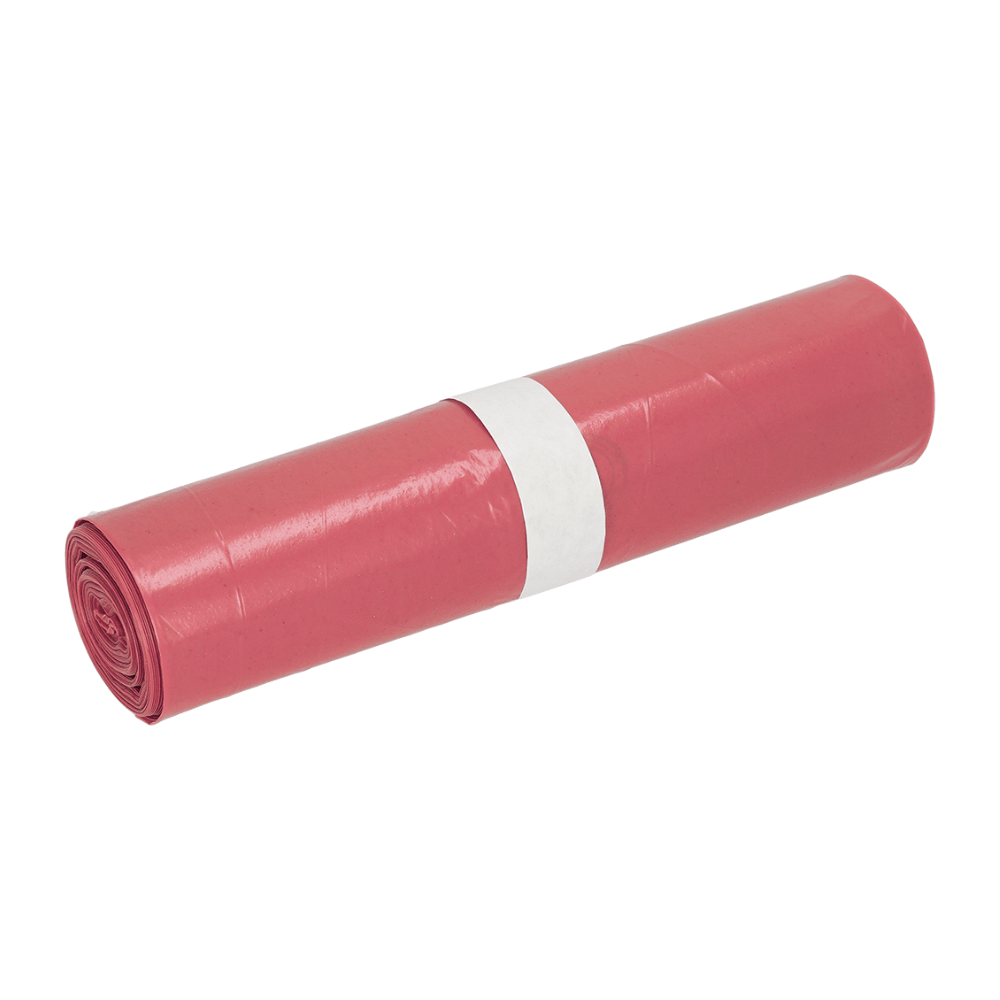En rulle DEISS soppåsar av LDPE, 21770, 70 liter, typ 60 röd med en vit pappersbanderoll i mitten, tillverkad av återvunnen LDPE från EMIL DEISS KG (GmbH + Co.), ligger på en enkel vit bakgrund.