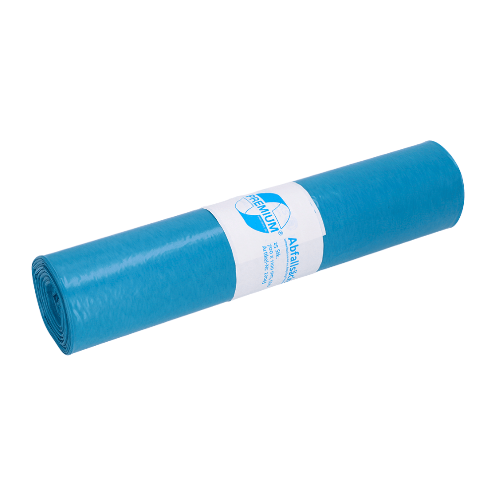 En upprullad DEISS Premium soppåse LDPE 20045, Typ 60, 120 liter från EMIL DEISS KG (GmbH + Co.) med vit etikett och detaljerad design avbildas på en enkel vit bakgrund. Etiketten marknadsför premiumkvalitet och oläslig text, och den blå soppåsen är tillverkad av återvunnet LDPE.