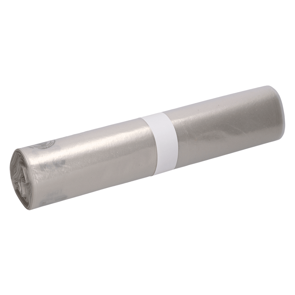 En rulle DEISS LDPE-sopsäckar med en kapacitet på 120 liter, i färgen transparent-silver, omgiven av ett vitt pappersband i mitten från EMIL DEISS KG (GmbH + Co.).