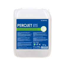 Ein weißer 25 kg Kunststoffbehälter des Dr. Schnell PEROJET smart ECO Geschirrreinigers der DR.SCHNELL GmbH & Co. KGaA, mit blauer, grüner und weißer Grafik. Das deutsche Etikett weist ihn als biologisch abbaubaren, umweltfreundlichen gewerblichen Geschirrspülreiniger aus.