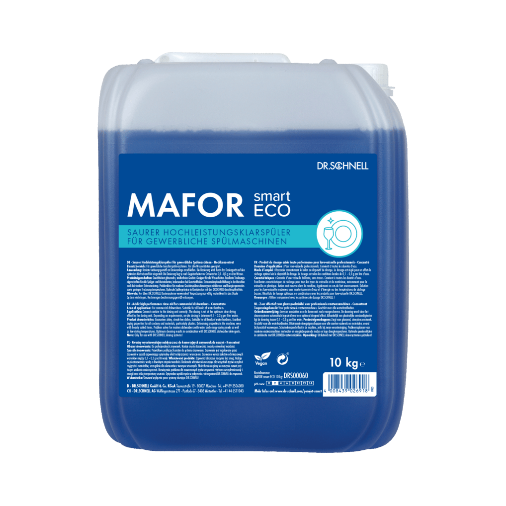 Ein 10 kg-Gebinde Dr. Schnell MAFOR smart ECO von DR.SCHNELL GmbH & Co. KGaA, einem blauen, sauren, umweltfreundlichen Klarspüler für gewerbliche Geschirrspüler, mit Produktangaben und Anweisungen auf einem blauen Etikett.