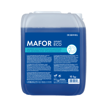 Ein 10 kg-Gebinde Dr. Schnell MAFOR smart ECO von DR.SCHNELL GmbH & Co. KGaA, einem blauen, sauren, umweltfreundlichen Klarspüler für gewerbliche Geschirrspüler, mit Produktangaben und Anweisungen auf einem blauen Etikett.