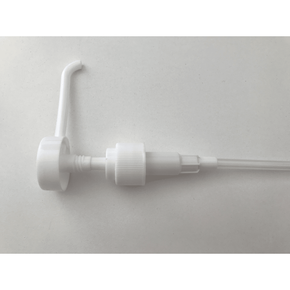 Der Dr. Schnell Dispenser der DR.SCHNELL GmbH & Co. KGaA ist ein weißer Dosierhilfen-Spender aus Kunststoff mit langem Schlauch, geripptem Kragen und gebogener Düse, ideal zum Dosieren von Reinigungsmitteln. Abgebildet auf einfarbig weißem Hintergrund.