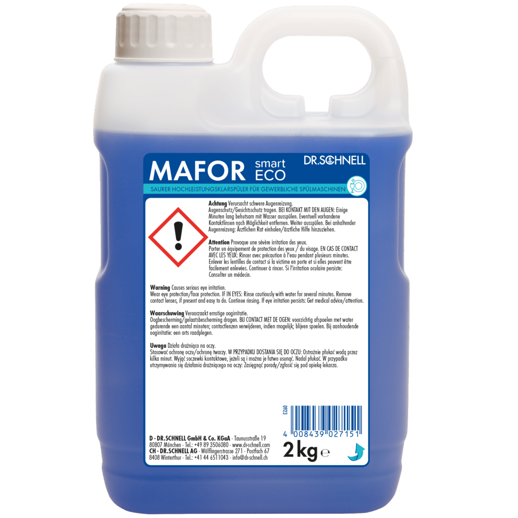 Ein 2 kg Kunststoffbehälter Dr. Schnell MAFOR smart ECO der DR.SCHNELL GmbH & Co. KGaA, mit blauer Flüssigkeit, einem Henkel, Warnaufkleber und Gefahrensymbol auf der Vorderseite.