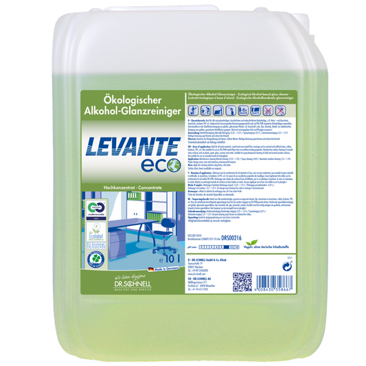 Ein 10-Liter-Transluzenzbehälter von Dr. Schnell LEVANTE ECO der DR.SCHNELL GmbH & Co. KGaA zeigt die grüne Flüssigkeit im Inneren. Das deutschsprachige Etikett zeigt Produktinfos und Bilder eines sauberen Büros und weist auf die umweltfreundliche Anwendung hin.
