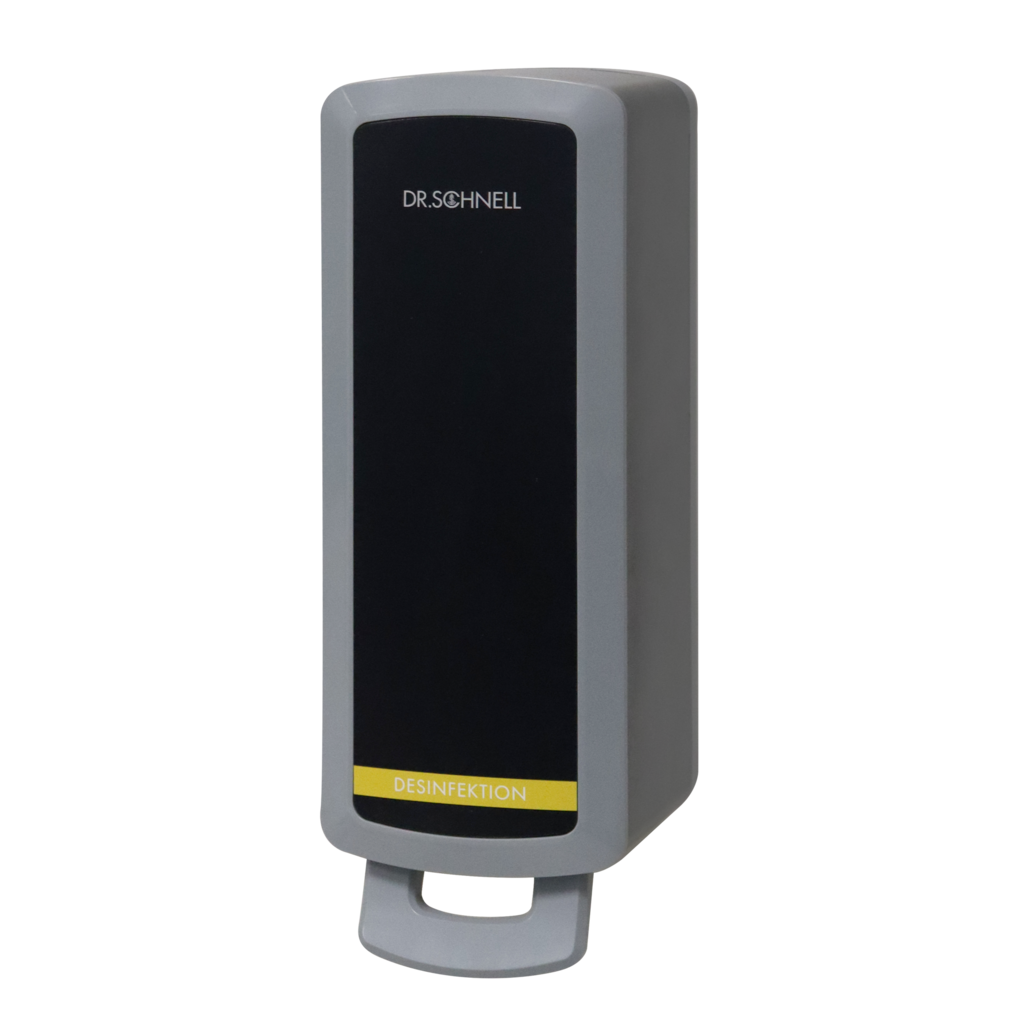 Der Dr. Schnell Spender V10N von DR.SCHNELL GmbH & Co. KGaA ist ein wandmontierter grau-schwarzer Spender mit der Aufschrift "DR. SCHNELL" mit einem gelben "DESINFEKTION"-Streifen für den hygienischen Einsatz von Reinigungs- und Desinfektionsmitteln.