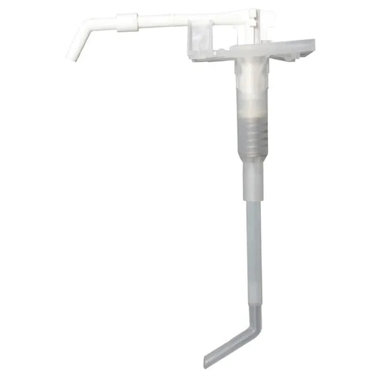 Die Dr. Schumacher Kunststoffpumpe der Dr. Schumacher GmbH ist eine weiße, robuste Spenderpumpe mit langem, abgewinkeltem Schlauch und waagerechter Tülle - ideal für die Abgabe von Flüssigkeiten aus großen Behältern.