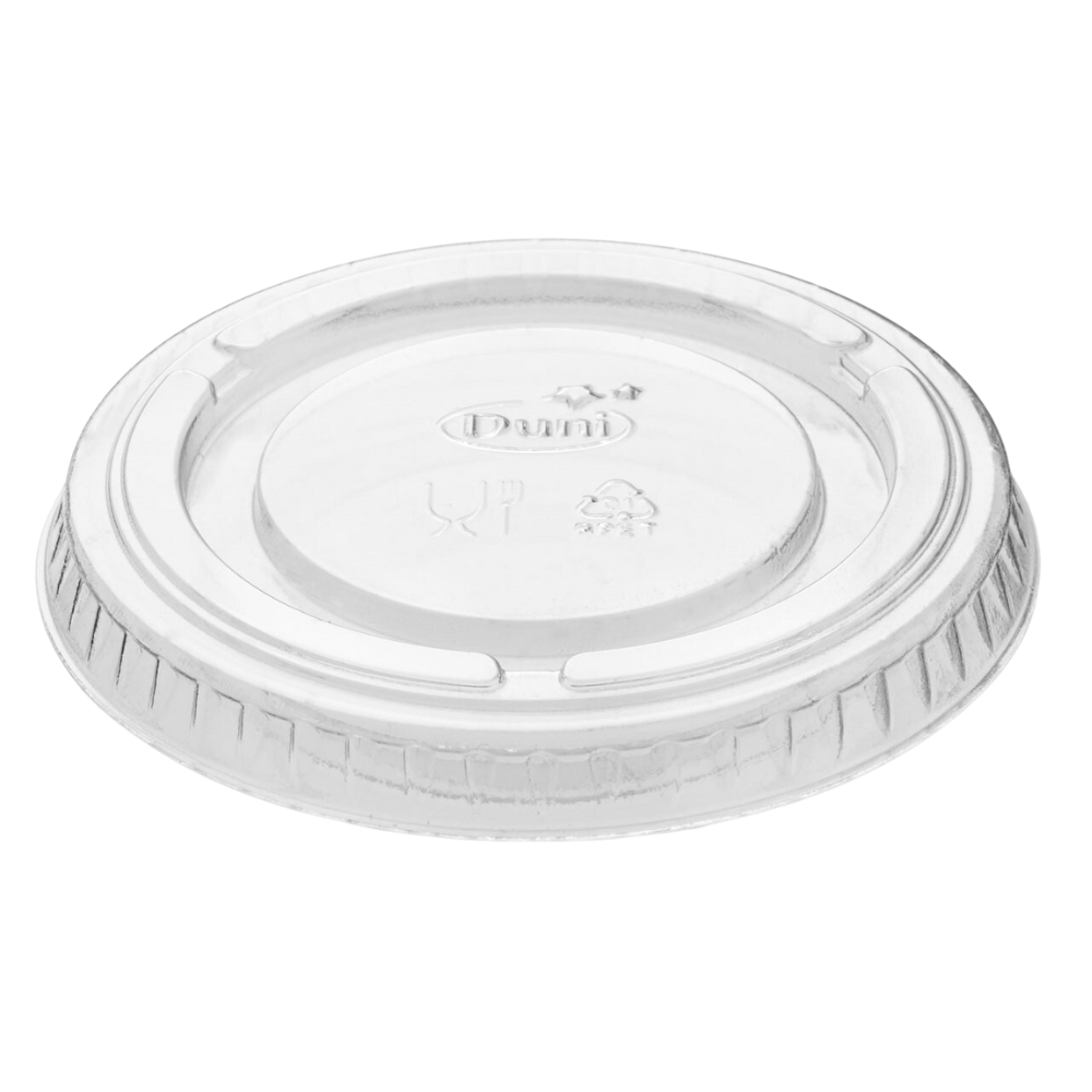 Ett klart, transparent lock från Duni GmbH har räfflade kanter och präglade symboler för återvinning och avfallshantering på sin yta. Det är speciellt utformat för en 60 ml-behållare som ofta används inom gastronomi för förvaring eller take-away av mat.
