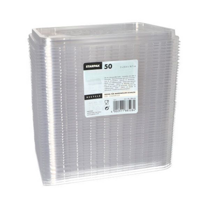 På bilden syns en stapel genomskinliga plastlock med texten 'Starpak-locket för mikrovågsugnar'. På etiketten på framsidan finns produktdetaljer, inklusive en återvinningssymbol och en streckkod längst ner.