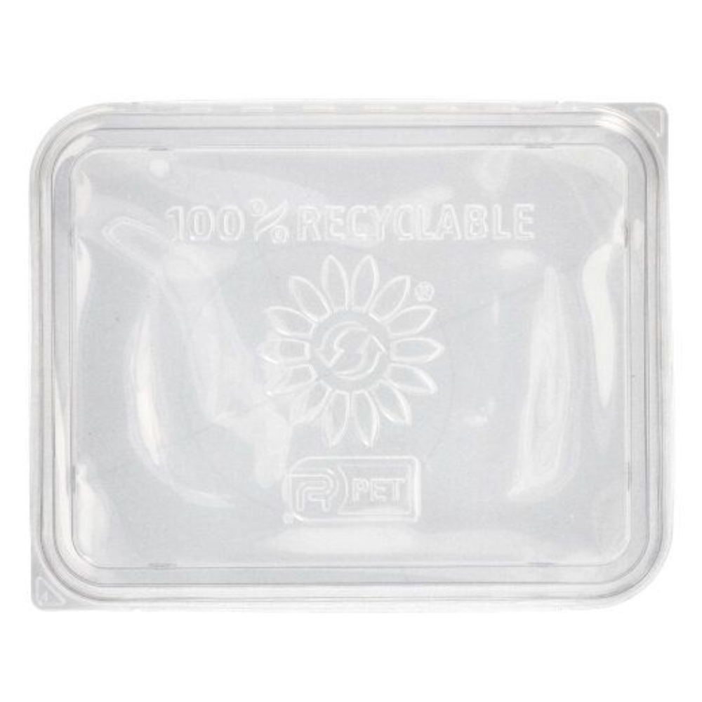 Starpak-locket för mikrovågsugnar, ett transparent plastlock med måtten 23,4 x 18,7 cm, har en solliknande design och en PET-återvinningssymbol i mitten med texten '100 % återvinningsbar'. Levereras i ett paket med 50 stycken.