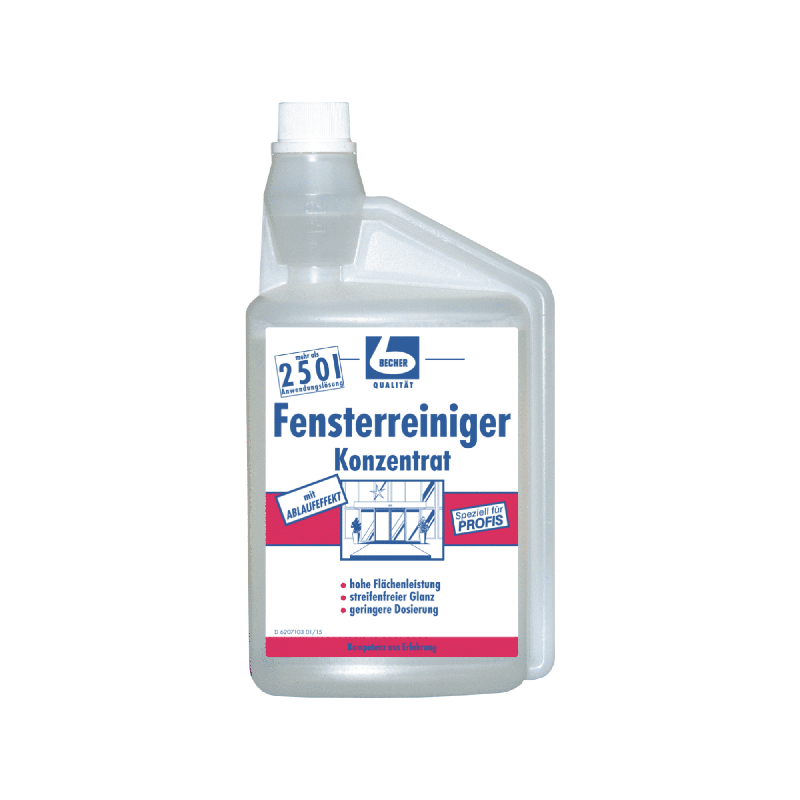 En flaska Dr. Becher fönsterrengöringskoncentrat - 1 liter från Dr. Becher GmbH. Den genomskinliga flaskan med vit etikett visar tysk text och ett diagram av ett fönster som rengörs – perfekt för ränderfria fönster. Den vita locket har en spetsig spets för enkel applicering.
