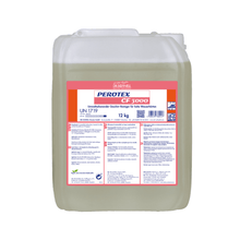 Ein 12 kg durchsichtiger Kunststoffbehälter mit Griff, gefüllt mit Dr. Schnell Perotex CF 3000 Geschirrreiniger von DR.SCHNELL GmbH & Co. KGaA. Das weiß-rote Etikett zeigt blaue Produktinfos und Anwendungshinweise für hartes Wasser.