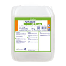 Ein 25-kg-Kanister der DR.SCHNELL GmbH & Co. KGaA Perotex CF EVO 14, ein chlorfreies Geschirrspülmittel für gewerbliche Maschinen, mit grün-oranger Kennzeichnung und deutschen Sicherheitshinweisen.
