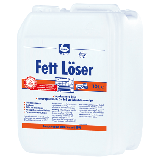 Vit plastdunk med texten ”Dr. Becher ”Fettlösare”, produktinformation och logotyper i blått och rött. Volym angiven till 10 liter. Säkerhets- och användningsanvisningar.