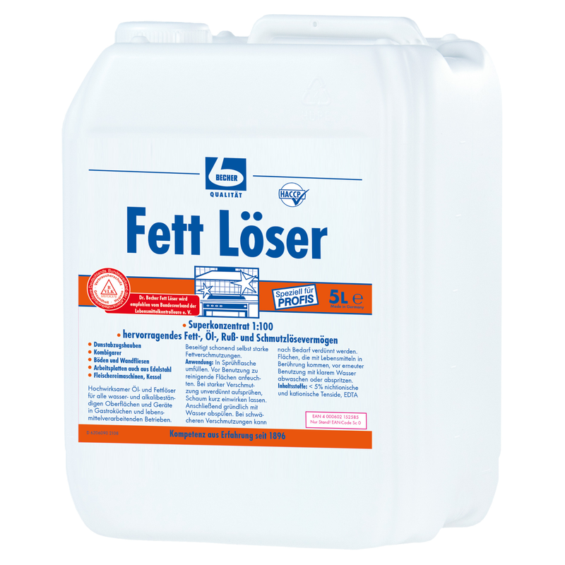 En vit 5-liters plastdunk med texten "Dr. Becher Fettlösare" i blått och rött. Etiketten ger information om användningen av fettlösaren för proffs inom köksområdet,