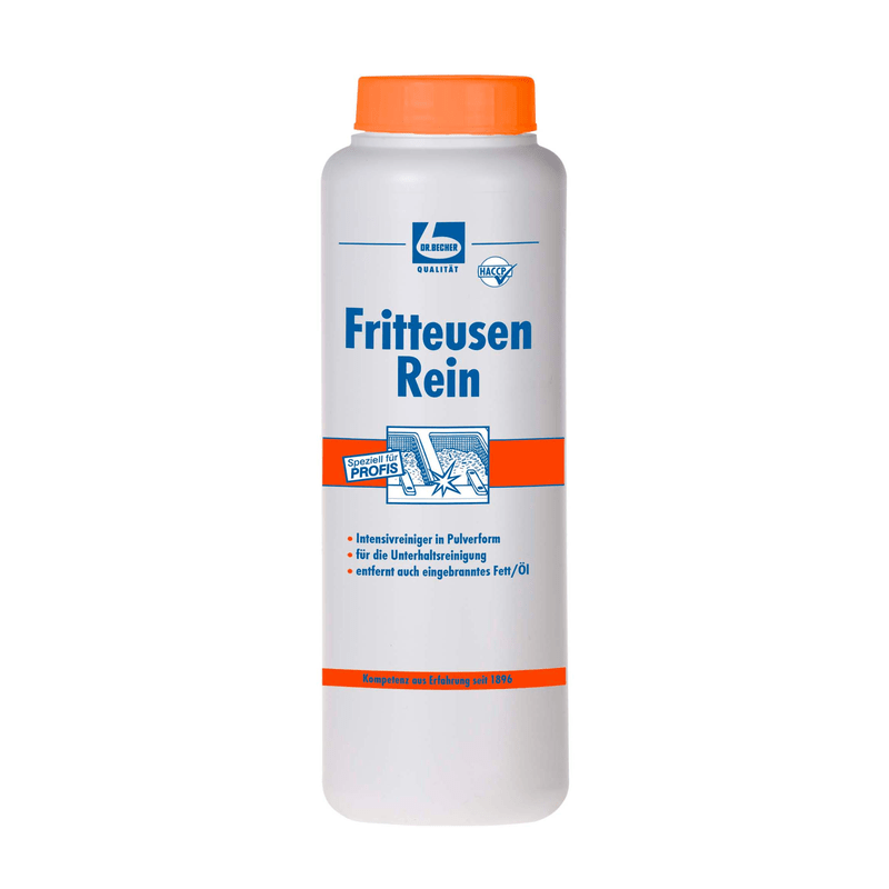 En vit plastflaska med orange lock med texten "Dr. Becher Fritteusen Rei, Pulver" från Dr. Becher GmbH med en blå-orange grafik som professionellt pulverformigt intensiv fritösrengöringsmedel för att ta bort inbränt fett.
