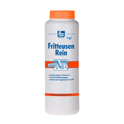 En vit plastflaska med orange lock med texten "Dr. Becher Fritteusen Rei, Pulver" från Dr. Becher GmbH med en blå-orange grafik som professionellt pulverformigt intensiv fritösrengöringsmedel för att ta bort inbränt fett.
