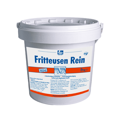 En vit plastbehållare Dr. Becher Fritteusen Rei Pulver (Dr. Becher GmbH), 5 kg, med blå/orange textetikett på tyska med detaljerade användnings- och säkerhetsinstruktioner för att ta bort inbränt fett från fritöser.