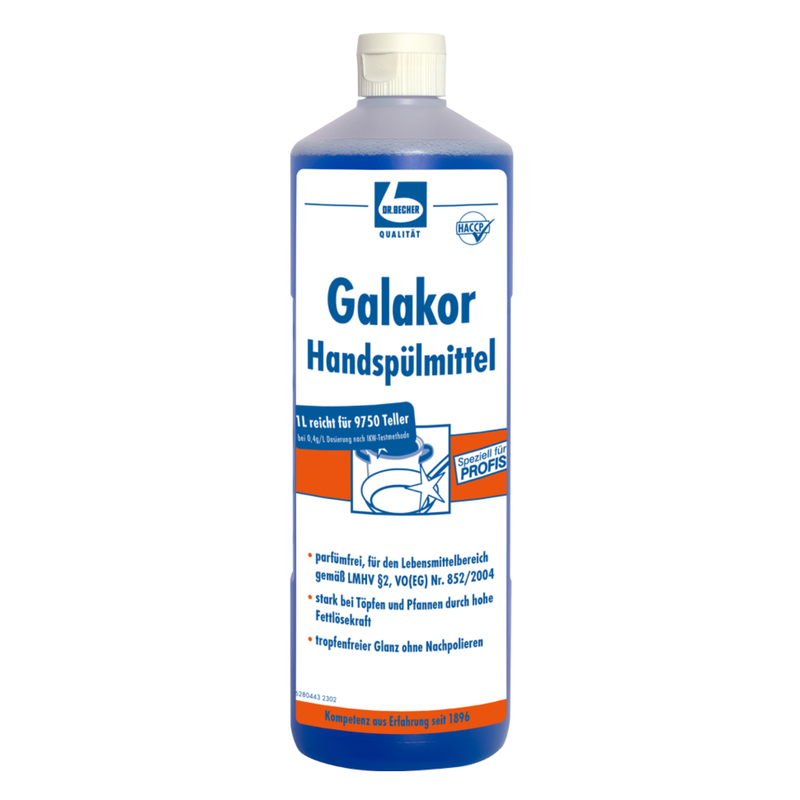 En blå plastflaska med Dr. Becher Galakor handdiskmedel - 1 liter | Flaska (1000 ml), ett parfymfritt professionellt diskmedel från Dr. Becher GmbH. Den övervägande vita etiketten med blå text och en grafik av tallrik och bubblor visar att produkten är lämplig för professionellt bruk och erbjuder maximal rengöringskraft samtidigt som den är livsmedelssäker.