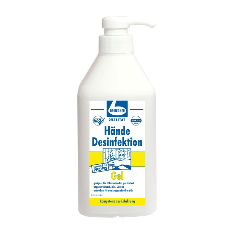 En flaska handdesinfektionsgel med dispenser från Dr. Becher GmbH med pumpdispenser. Etiketten är huvudsakligen i blått och gult och visar text och grafik som indikerar användning för professionell handhygien.