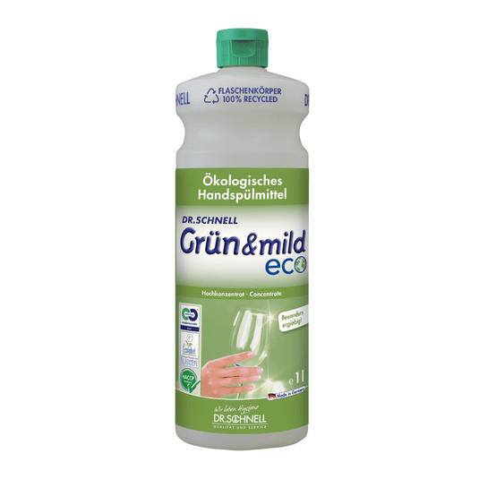 Dr. Schnell GRÜN & MILD ECO, ett ekonomiskt ekologiskt diskmedel för handdisk, finns i en vit-grön plastflaska. Etiketten visar en hand som diskar ett vinglas samt en text på tyska som lyfter fram de ekologiska fördelarna och de hudvänliga egenskaperna. Flaskan, tillverkad av DR.SCHNELL GmbH & Co. KGaA, har en grön kork med HACCP-certifiering.