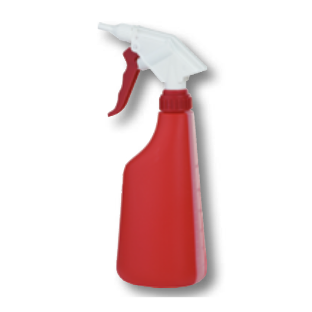 Denna röda plastsprejflaska, liknande en Dr. Becher handspruta (tom), har ett vit-rött munstycke för enkel hantering. Den upprätta designen med nedåtriktad avtryckare är idealisk för rengöringsarbeten och visar effektiviteten hos produkter från Dr. Becher GmbH mot en enkel vit bakgrund.