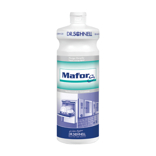 Den Dr. Schnell MAFOR S surt glansmedel för industriella diskmaskiner marknadsförs av DR.SCHNELL GmbH & Co. KGaA i en vit flaska med en blågrön etikett på botten som visar en illustration av en diskmaskin. Denna högkoncentrerade produkt är certifierad med EU:s miljömärke.