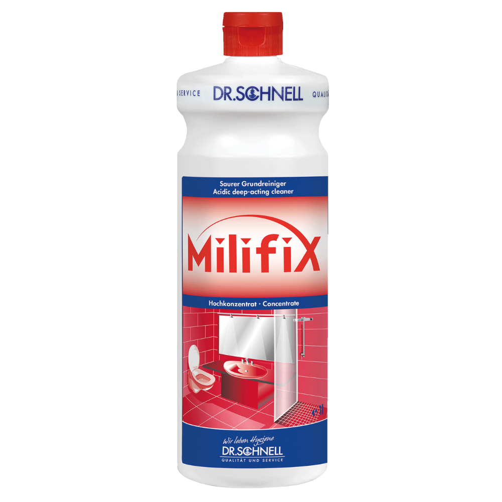 Flasche Dr. Schnell MILIFIX Saurer Grundreiniger für Industrie- und Bauschlussreinigung. Die Flasche ist überwiegend weiß und blau mit einem rot-weißen Etikett, auf dem Bilder einer sauberen Toilette und eines Waschbeckens zu sehen sind. Der rote Verschluss ist versiegelt und das Etikett weist darauf hin, dass es sich um ein Konzentrat zur wirksamen Bekämpfung mineralischer Ablagerungen handelt.