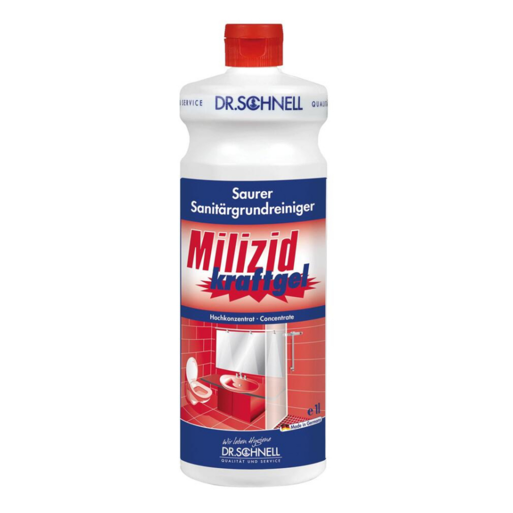 Abgebildet ist eine Flasche Dr. Schnell MILIZID Kraftgel Sanitärgrundreiniger - 1 Liter | Flasche (1000 ml). Das Etikett ist rot, blau und weiß mit Text in Deutsch. Das Produkt wird als „saure Sanitärgrundreiniger“ beschrieben und wirkt gegen mineralische Ablagerungen. Die Flasche hat einen roten Verschluss und zeigt Abbildungen einer Toilette, eines Waschbeckens und einer Dusche.

