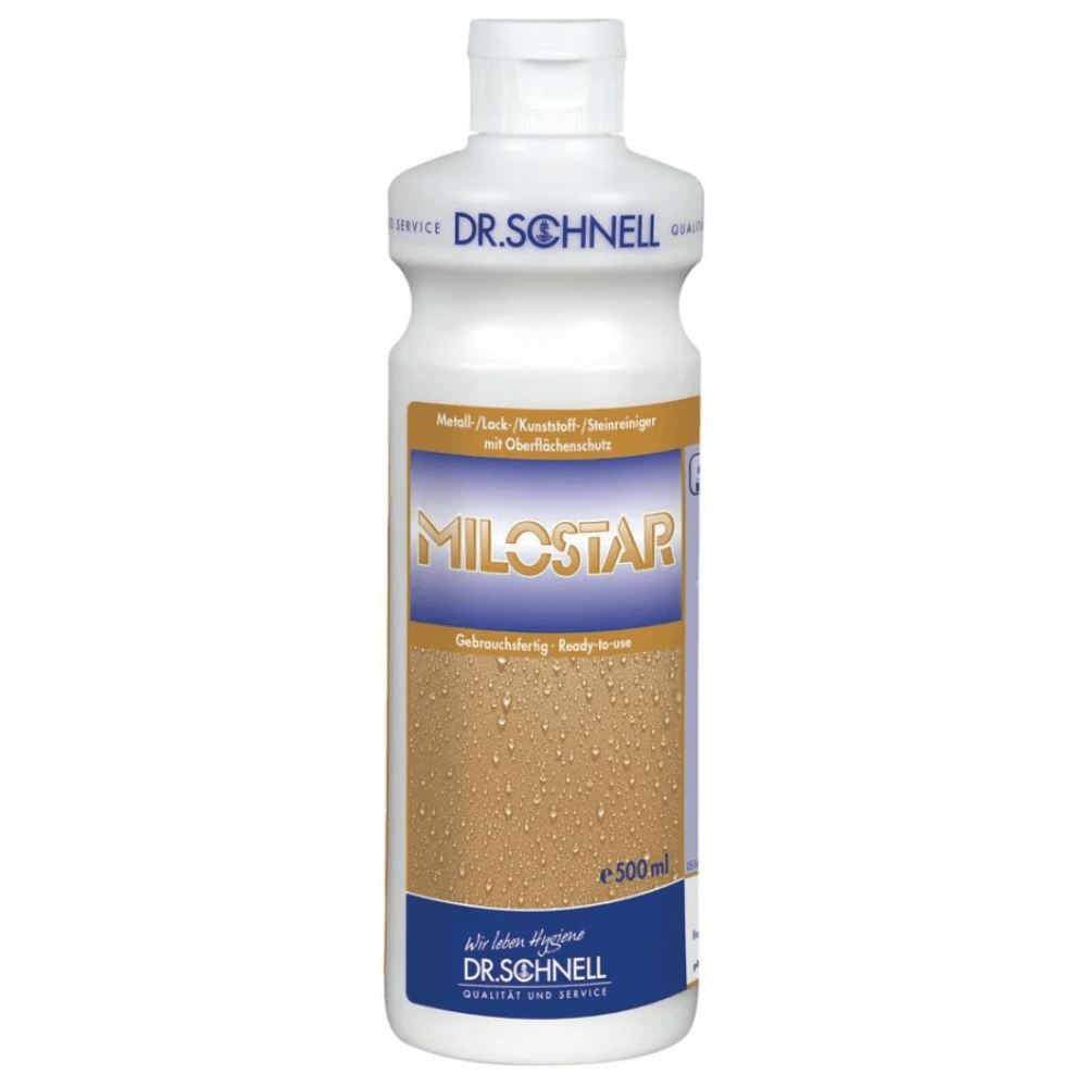 Vit 500 ml plastflaska från Dr. Schnell MILOSTAR metall-, lack- och plasttvätt av DR.SCHNELL GmbH & Co. KGaA, med en blå-vit tysk etikett med produktinformation och varumärke.