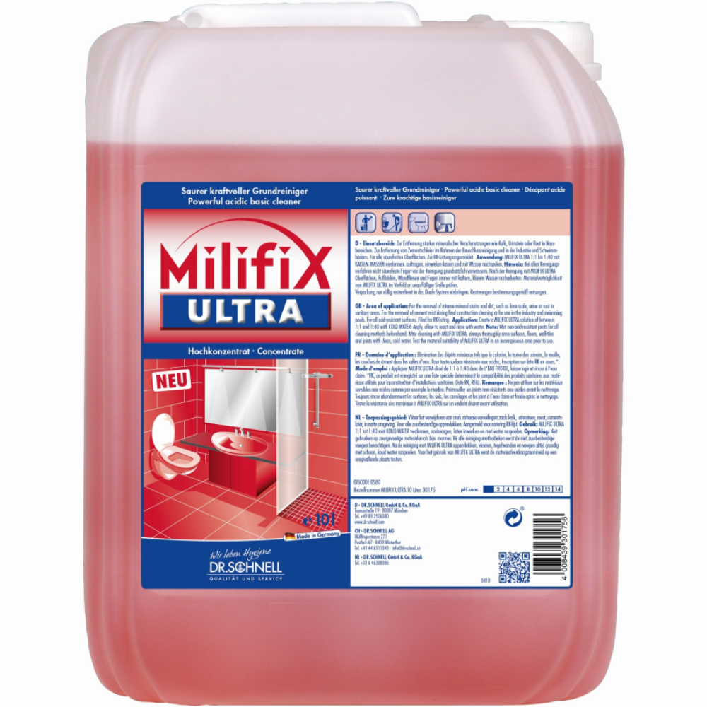 Bilden visar en stor dunk Dr. Schnell Milifix ULTRA sanitetsrengöringskoncentrat från DR.SCHNELL GmbH & Co. KGaA. Etiketten presenterar produktinformation på flera språk och innehåller bilder av en toalett och ett handfat. Användningen på syrabeständiga ytor för effektiv bekämpning av mineralavlagringar framhävs.
